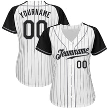 Загрузить изображение в средство просмотра галереи, Custom White Black Pinstripe Black-Gray Authentic Raglan Sleeves Baseball Jersey
