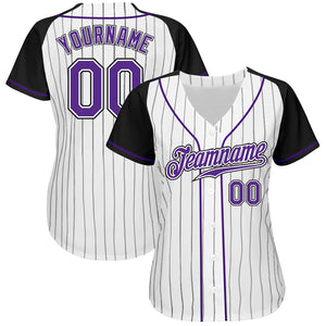 Custom White Black Pinstripe Purple-Black Authentic Raglan Sleeves Baseball Jersey