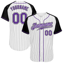 Загрузить изображение в средство просмотра галереи, Custom White Black Pinstripe Purple-Black Authentic Raglan Sleeves Baseball Jersey
