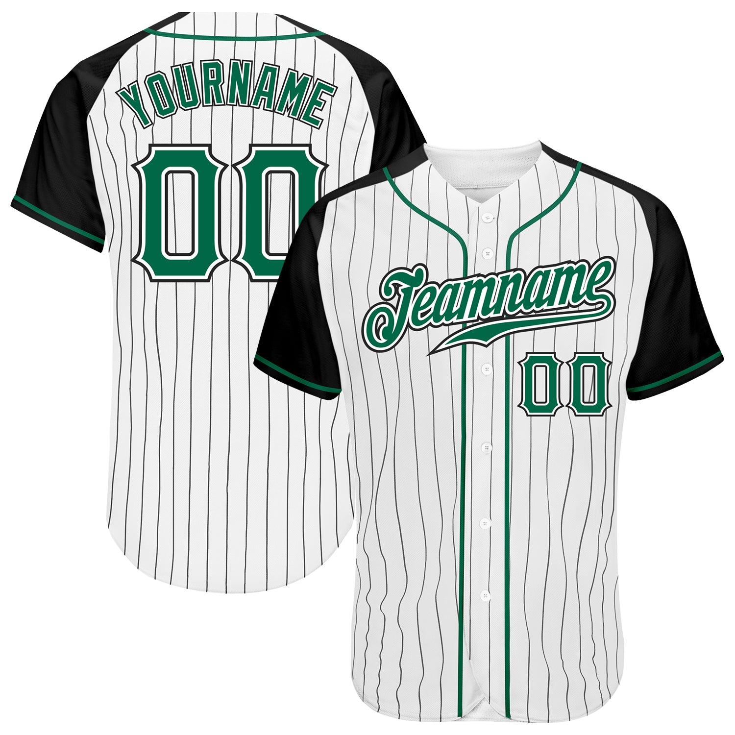 Custom Name Black White Pinstripe Kelly Green Black Raglan Sleeves