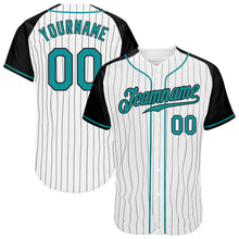 Загрузить изображение в средство просмотра галереи, Custom White Black Pinstripe Teal-Black Authentic Raglan Sleeves Baseball Jersey
