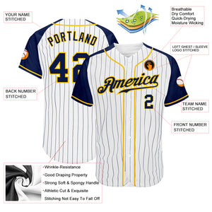 Custom White Navy Pinstripe Navy-Gold Authentic Raglan Sleeves Baseball Jersey