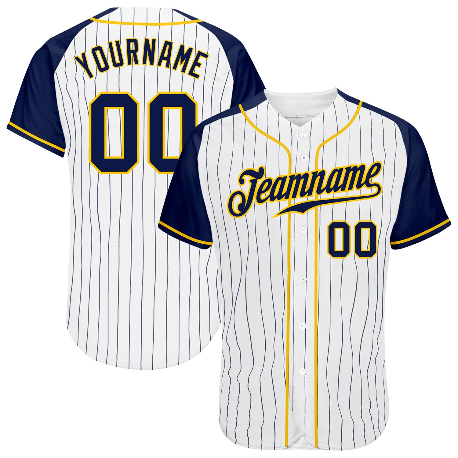 Custom Navy Blue Yellow Pinstripe White Yellow Baseball Jerseys for Men & Women JN1072, 2XL / No Piping