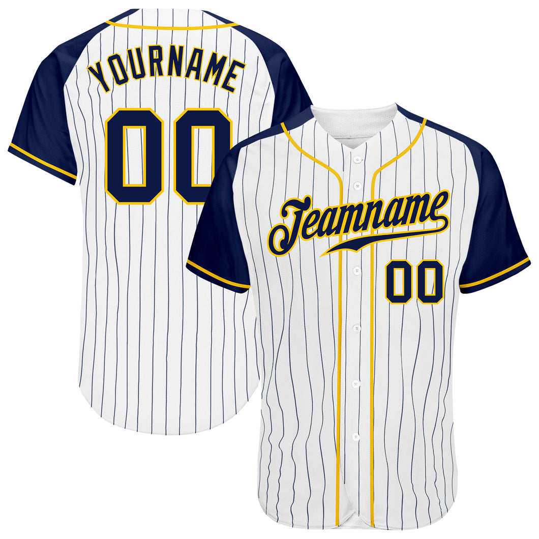 Custom Baseball Jersey White Navy Pinstripe Navy-Gold Authentic Raglan Sleeves Men's Size:XL