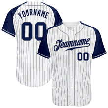 Загрузить изображение в средство просмотра галереи, Custom White Navy Pinstripe Navy-Gray Authentic Raglan Sleeves Baseball Jersey
