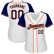 Загрузить изображение в средство просмотра галереи, Custom White Navy Pinstripe Navy-Orange Authentic Raglan Sleeves Baseball Jersey
