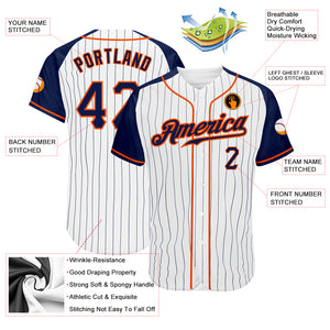 Custom White Navy Pinstripe Navy-Orange Authentic Raglan Sleeves Baseball Jersey