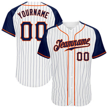 Загрузить изображение в средство просмотра галереи, Custom White Navy Pinstripe Navy-Orange Authentic Raglan Sleeves Baseball Jersey
