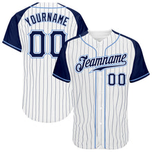 Загрузить изображение в средство просмотра галереи, Custom White Navy Pinstripe Navy-Light Blue Authentic Raglan Sleeves Baseball Jersey
