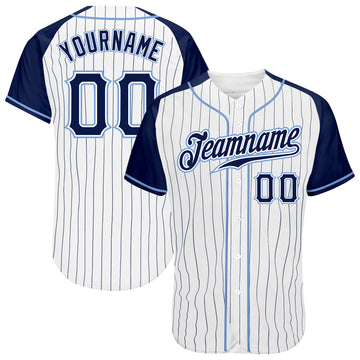 Custom White Navy Pinstripe Navy-Light Blue Authentic Raglan Sleeves Baseball Jersey