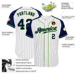 Custom White Navy Pinstripe Navy-Neon Green Authentic Raglan Sleeves Baseball Jersey