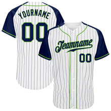 Загрузить изображение в средство просмотра галереи, Custom White Navy Pinstripe Navy-Neon Green Authentic Raglan Sleeves Baseball Jersey
