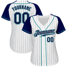 Загрузить изображение в средство просмотра галереи, Custom White Navy Pinstripe Navy-Teal Authentic Raglan Sleeves Baseball Jersey
