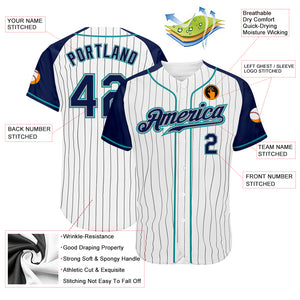 Custom White Navy Pinstripe Navy-Teal Authentic Raglan Sleeves Baseball Jersey