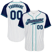 Загрузить изображение в средство просмотра галереи, Custom White Navy Pinstripe Navy-Teal Authentic Raglan Sleeves Baseball Jersey
