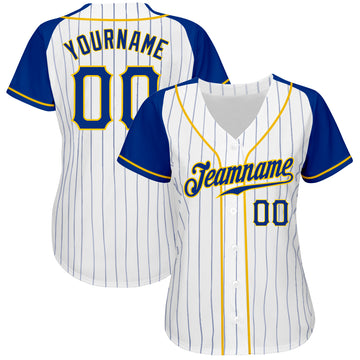 Custom White Royal Pinstripe Royal-Gold Authentic Raglan Sleeves Baseball Jersey