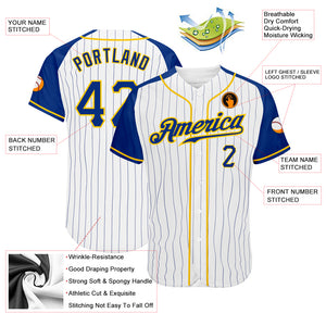 Custom White Royal Pinstripe Royal-Gold Authentic Raglan Sleeves Baseball Jersey