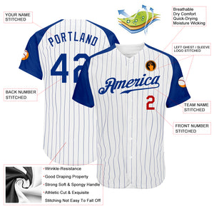 Custom White Royal Pinstripe Royal-Red Authentic Raglan Sleeves Baseball Jersey