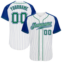 Загрузить изображение в средство просмотра галереи, Custom White Royal Pinstripe Kelly Green-Royal Authentic Raglan Sleeves Baseball Jersey
