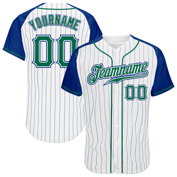 Custom White Royal Pinstripe Kelly Green-Royal Authentic Raglan Sleeves Baseball Jersey