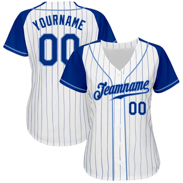 Custom White Royal Pinstripe Royal-Light Blue Authentic Raglan Sleeves Baseball Jersey