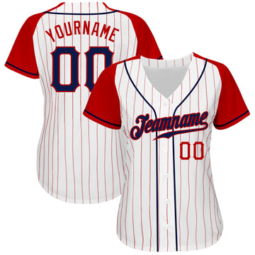 Custom White Red Pinstripe Navy-Red Authentic Raglan Sleeves Baseball Jersey