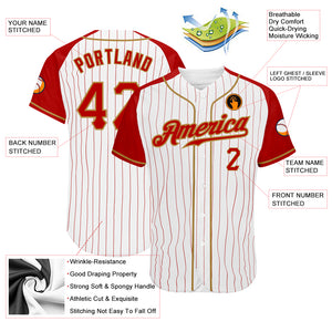 Custom White Red Pinstripe Red-Old Gold Authentic Raglan Sleeves Baseball Jersey