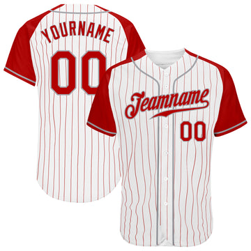 Custom White Red Pinstripe Red-Gray Authentic Raglan Sleeves Baseball Jersey