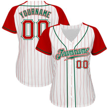 Загрузить изображение в средство просмотра галереи, Custom White Red Pinstripe Red-Kelly Green Authentic Raglan Sleeves Baseball Jersey
