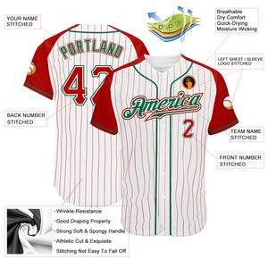 Custom White Red Pinstripe Red-Kelly Green Authentic Raglan Sleeves Baseball Jersey