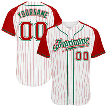 Загрузить изображение в средство просмотра галереи, Custom White Red Pinstripe Red-Kelly Green Authentic Raglan Sleeves Baseball Jersey
