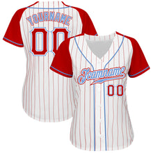 Загрузить изображение в средство просмотра галереи, Custom White Red Pinstripe Red-Light Blue Authentic Raglan Sleeves Baseball Jersey
