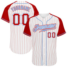 Загрузить изображение в средство просмотра галереи, Custom White Red Pinstripe Red-Light Blue Authentic Raglan Sleeves Baseball Jersey
