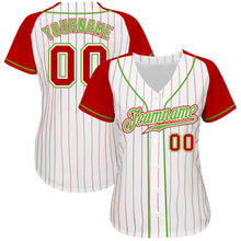 Загрузить изображение в средство просмотра галереи, Custom White Red Pinstripe Red-Neon Green Authentic Raglan Sleeves Baseball Jersey
