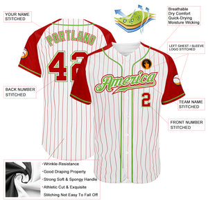 Custom White Red Pinstripe Red-Neon Green Authentic Raglan Sleeves Baseball Jersey