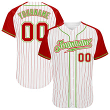 Загрузить изображение в средство просмотра галереи, Custom White Red Pinstripe Red-Neon Green Authentic Raglan Sleeves Baseball Jersey
