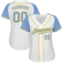 Загрузить изображение в средство просмотра галереи, Custom White Light Blue Pinstripe Light Blue-Gold Authentic Raglan Sleeves Baseball Jersey
