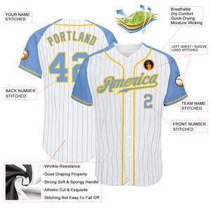 Custom White Light Blue Pinstripe Light Blue-Gold Authentic Raglan Sleeves Baseball Jersey