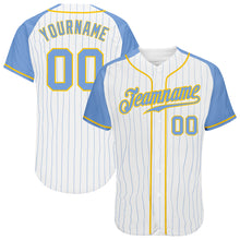 Загрузить изображение в средство просмотра галереи, Custom White Light Blue Pinstripe Light Blue-Gold Authentic Raglan Sleeves Baseball Jersey
