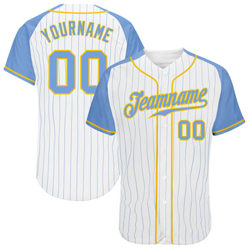 Custom White Light Blue Pinstripe Light Blue-Gold Authentic Raglan Sleeves Baseball Jersey