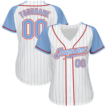 Загрузить изображение в средство просмотра галереи, Custom White Light Blue Pinstripe Light Blue-Red Authentic Raglan Sleeves Baseball Jersey
