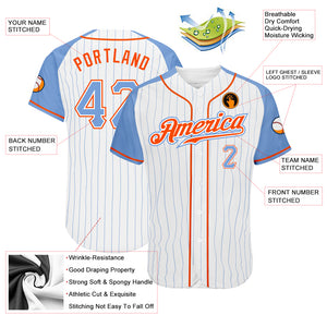 Custom White Light Blue Pinstripe Light Blue-Orange Authentic Raglan Sleeves Baseball Jersey