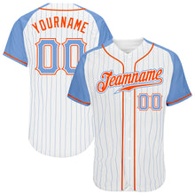 Загрузить изображение в средство просмотра галереи, Custom White Light Blue Pinstripe Light Blue-Orange Authentic Raglan Sleeves Baseball Jersey
