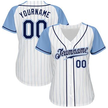 Custom White Light Blue Pinstripe Navy-Light Blue Authentic Raglan Sleeves Baseball Jersey