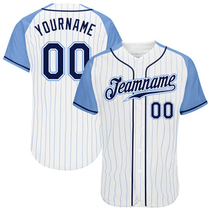 Custom White Light Blue Pinstripe Navy-Light Blue Authentic Raglan Sleeves Baseball Jersey