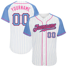 Laden Sie das Bild in den Galerie-Viewer, Custom White Light Blue Pinstripe Light Blue-Pink Authentic Raglan Sleeves Baseball Jersey
