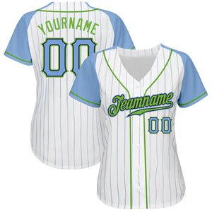 Custom White Light Blue Pinstripe Light Blue-Neon Green Authentic Raglan Sleeves Baseball Jersey