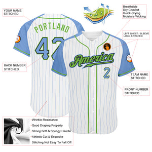 Custom White Light Blue Pinstripe Light Blue-Neon Green Authentic Raglan Sleeves Baseball Jersey