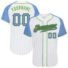 Загрузить изображение в средство просмотра галереи, Custom White Light Blue Pinstripe Light Blue-Neon Green Authentic Raglan Sleeves Baseball Jersey
