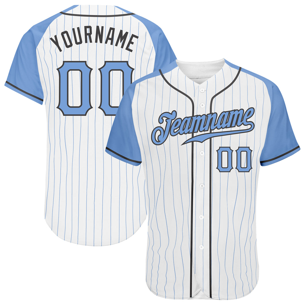 Custom White Light Blue Pinstripe Light Blue-Steel Gray Authentic Father's Day Raglan Sleeves Baseball Jersey